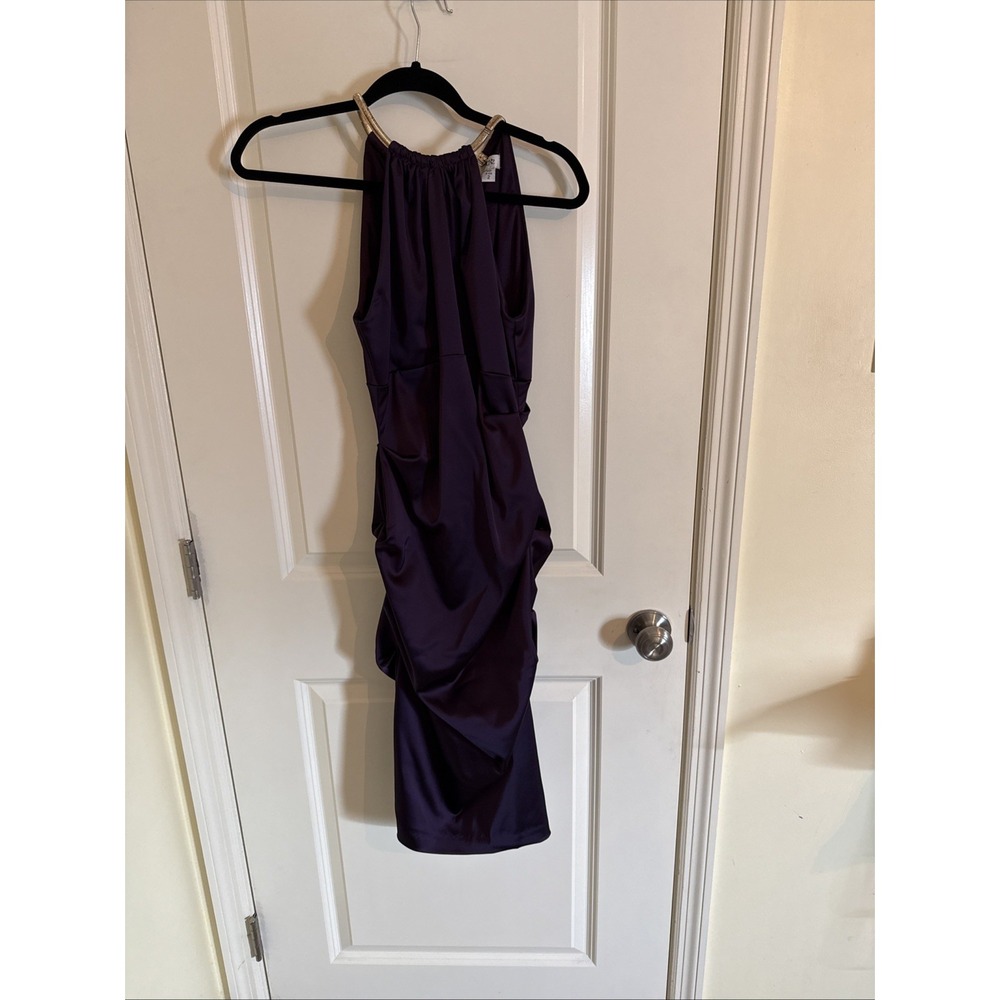 Cache Vtg Deep Purple Satin Ruched  Goldtone Necklace Halter Dress Sz 2 Y2K